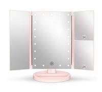 deweisn Tri-Fold Lighted Vanity Mirror with 21 LED Lights, Touch Screen and 3X/2X/1X Magnification Mirror, Cosmetic Mirror Two Power Supply Mode Tabletop Makeup Mirror for Travel(Pink)