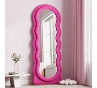Dewfig Wavy Full Length Mirror, 160 x 61 cm, Irregular Shaped, Wall Mounted or Freestanding, Pink Wooden Frame
