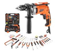 DEWINNER Hammer Drill 910W 0-3000RPM, Electric Corded Hammer Drill with 115 PCS Complete Tool Box, Variable Speed, 13mm Chuck, 2 in 1 Function, for Concrete, Iron Plate, Masonry and Wood,Carring Case