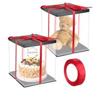 Dewocke 2 Piece Clear Cake Boxes, 30x30x35CM for 10 Inch Tall Cake Boxes, Transparent Gift Boxes with Black Lid & Red Ribbon, Cube Display Boxes for Birthdays, Weddings & Parties