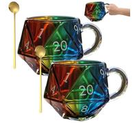 Dewppxi Rainbow D20 Dice Mug, Polyhedral Dice Coffee Cup with Handle, Ribbed Glass Coffee Mugs with Spoon, 20-Sided Polyhedral Dice Glass Mug, Game Night Mugs Gift for Fantasy Lovers (2pcs)