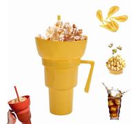 Dewppxi Snack and Drink Combo Cups, 2 in 1 Combo Drink Bowl Cup, Drinks Cup with Snack Bowl on Top, Portable Snacks Container Leak-Proof with Handle and Straw for Travel and Cinema (Yellow,1pc)