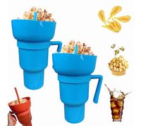 Dewppxi Snack and Drink Combo Cups, 2 in 1 Combo Drink Bowl Cup, Drinks Cup with Snack Bowl on Top, Portable Snacks Container Leak-Proof with Handle and Straw for Travel and Cinema (Sky Blue,2pcs)
