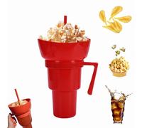 Dewppxi Snack and Drink Combo Cups, 2 in 1 Combo Drink Bowl Cup, Drinks Cup with Snack Bowl on Top, Portable Snacks Container Leak-Proof with Handle and Straw for Travel and Cinema (Red,1pc)