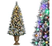 DEWUR 4ft Christmas Tree Pre-Lit Artificial Mini Trees with Gold Pot Base, Flocked Snow Warm White and Colorful Lights Pine Cones, for Entrances, Home Decorations Holiday Decor
