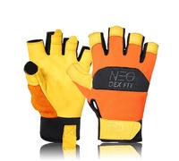 DEX FIT MG210P Fingerless Mechanic Work Gloves, Waterproof Cowhide Palm, Breathable Open Finger Design for Fishing, Auto Repair, DIY, Hand Washable; Orange Gold 1 Pair