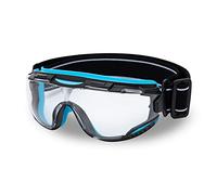 DEX FIT Protective Safety Goggles SG220; Anti Fog & Scratch, Z87 Eye Protection for Lab, Science, and Chemistry Work, Adjustable for Women and Men, (Black & Blue Frame, Clear Lens, 30cm Strap)