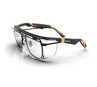 DEX FIT Safety Glasses Over Eyeglasses SG210 - Anti-Fog & Scratch Resistant Z87.1 Certified, Adjustable Temples, Side Shields, UV Protection, Clear Lens PPE for Men & Women; Black & Orange, 1 PC