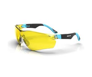 DEX FIT Safety Glasses SG210 - Yellow Lens, Blue Light Blocking & Night Vision Enhancement, Anti-Fog Z87.1 Eye Protection, Adjustable Arms for Shooting, Gaming & Low Light Work; Black & Blue, 1 PC
