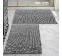 DEXI 2 Piece Chenille Bath Mat Set, Non Slip Bathroom Mats, Ultra Soft Absorbent Machine Washable Shower Rugs, 60 x 90 cm + 60 x 90 cm, Grey