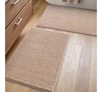 DEXI 2 Piece Chenille Bath Mat Set, Non Slip Bathroom Mats, Ultra Soft Absorbent Machine Washable Shower Rugs, 50 x 80 cm + 50 x 80 cm, Beige