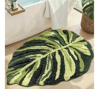 DEXI Bath Mat 80 x 120 cm, Non-Slip Absorbent Bathmat with Green Plant Pattern, Leaf Shaped Washable Rugs for Shower Floor, Bedroom, Bathroom Accessories Decor, Dark Monstera