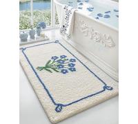 DEXI Bathroom Rugs Non Slip Washable, 24x43 Absorbent Floral Bath Mat Quick Dry, Extra Soft Plush Cute Shower Rug, Microfiber Bathmat with Leaf for Shower Floor, Tub, Sink, Ivory, Blue Bouquet