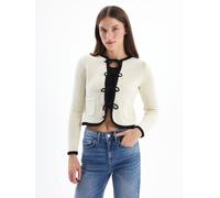 Dexia Elegant Contrast Trim Bow Detail Cropped Ecru Cardigan Ecru