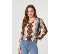 Dexia Floral Crochet V-Neck Button Cardigan In Brown Brown