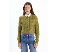 Dexia Pearl Button Cable Knit Cropped Cardigan In Olive Green Green