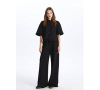 Dexia Soft Textured Cosy Elastic Waist Wide Leg Palazzo Trousers In Black Black