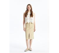 Dexia Women's Cotton Denim High Waist Midi Skirt with Slit in Beige | Size: 28 Dexia Beige 28
