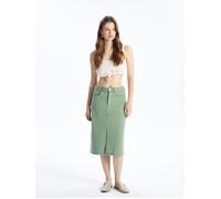 Dexia Women's Cotton Denim High Waist Midi Skirt with Slit in Khaki | Size: 26 Dexia Khaki 26