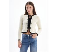 Dexia Women's Elegant Contrast Trim Bow Detail Cropped Ecru Cardigan | Size: Medium Dexia Ecru M