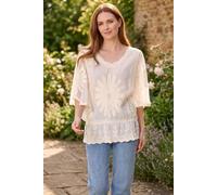 Dexia Women's Floral Embroidered Angel Sleeve Peplum Blouse in Stone | Size: S/M Dexia Stone S/M