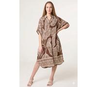 Dexia Women's Leaf & Border Print Open Collar Dress in Brown Dexia Brown One Size