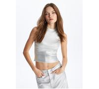 Dexia Women's Sleeveless Mock Neck Crop Top with Varak Print In Silver | Size: Large Dexia Silver L