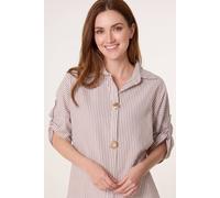 Dexia Women's Taupe Striped Roll Sleeve Shirt with Gold Shell Buttons | Size: S/M Dexia Taupe S/M