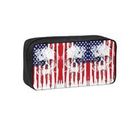 Dexnel American Flag Skull Printed Pencil Case Large Capacity Zip Pouch Durable Polyester Organizer for School Office Travel
