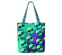 DEXNEL Green Aliens Canvas Medium Tote Bag, Reusable Shopping Bag With Snap Closure System, Reusable Grocery Bags