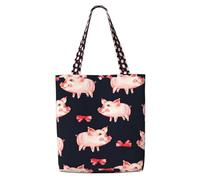 DEXNEL Red Cute Piggy Canvas Medium Tote Bag, Reusable Shopping Bag With Snap Closure System, Reusable Grocery Bags