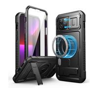 Dexnor Magnetic Bumper Case for iPhone 12 Pro Max, MagSafe Comapitble, Heavy-duty Shockproof Full-body Rugged Protective Cover with Kickstand & Camera Cover & Screen Protector - Black