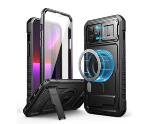 Dexnor Magnetic Bumper Case for iPhone 12 Pro Max, MagSafe Comapitble, Heavy-duty Shockproof Full-body Rugged Protective Cover with Kickstand & Camera Cover & Screen Protector - Black