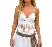 DexQur Women Fringe Tank Tops Faux Suede Tassel Spaghetti Strap Sleeveless Backless Camisole Crop Top Western Cowgirl Concert Outfits (White, M)