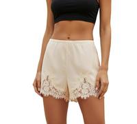 DexQur Women Satin Silk Lace Shorts Low Rise Micro Mini Shorts Coquette Lounge Half Slip Pj Bottoms French Knickers (Beige, S)