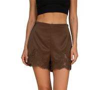 DexQur Women Satin Silk Lace Shorts Low Rise Micro Mini Shorts Coquette Lounge Half Slip Pj Bottoms French Knickers (Brown, M)