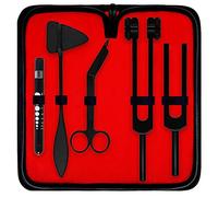 DEXSUR Diagnostics Kit - Percussion Taylor Reflex Hammer + C 128 & C 512 Tuning Forks + Bandage Scissors + Pupil Gauge Pen Light in Carrying Case - 6 Pieces Set - Full Black