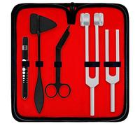DEXSUR Diagnostics Kit - Percussion Taylor Reflex Hammer + C 128 & C 512 Tuning Forks + Bandage Scissors + Pupil Gauge Pen Light in Carrying Case - 6 Pieces Set - Black & Silver