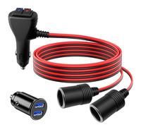 Dexumodbk 1M 12V Cigarette Lighter Socket Extension Lead Adapter 2 Way Splitter with Dual Independent Switches and 15A Fuse Double Car Lighter Adapter Power Cable 15AWG,12V/24V Dual USB Car Charger