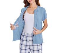 Deyeek Mastectomy Shirts with Drain Pockets Post Shoulder Surgery Tops for Women Chemo Port Short Sleeve with Zippers, Light Blue, M