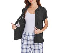 Deyeek Mastectomy Shirts with Drain Pockets Post Shoulder Surgery Tops for Women Chemo Port Short Sleeve with Zippers, Dark Gray, M
