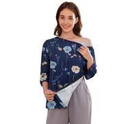 Deyeek Post Shoulder Surgery Shirts for Women Tear Away 3/4 Tops After Rotator Cuff Shirts Chemo Port Adaptive Clothing, Blue Print, 3XL