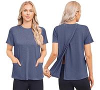 Deyeek Post Surgery Shirts for Women Tear Away Snap Open Back Top Hospital Shirts Short Sleeve Adaptive Clothing with Pockets, Blue Purple, 3XL