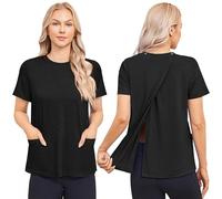 Deyeek Post Surgery Shirts for Women Tear Away Snap Open Back Top Hospital Shirts Short Sleeve Adaptive Clothing with Pockets, Black, XL