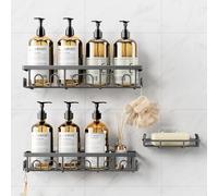 Deyhoc 3 Pack Rustproof Stainless Steel Shower Caddy, Bathroom Storage Accessory Shelf Organiser Adhesive No Drilling Hanging, Soap Holder Set, Kitchen Wall Mounted Corner Decor, Grey