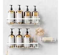 Deyhoc 3 Pack Rustproof Stainless Steel Shower Caddy, Bathroom Storage Accessory Shelf Organiser Adhesive No Drilling Hanging, Soap Holder Set, Kitchen Wall Mounted Corner Decor, White