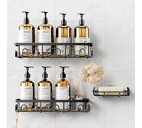 Deyhoc 3 Pack Rustproof Stainless Steel Shower Caddy, Bathroom Storage Accessory Shelf Organiser Adhesive No Drilling Hanging, Soap Holder Set, Kitchen Wall Mounted Corner Decor, Black