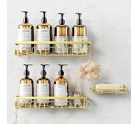 Deyhoc 3 Pack Rustproof Stainless Steel Shower Caddy, Bathroom Storage Accessory Shelf Organiser Adhesive No Drilling Hanging, Soap Holder Set, Kitchen Wall Mounted Corner Decor, Gold