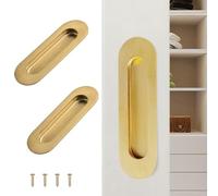 Deyixinup 2 PCS Side Hole Flush Pull Golden Oval Embedded Sliding Door Handle Stainless Steel Recessed Door Handles with Hidden Screws for Sliding Doors Cabinets Drawers Cupboard Wardrob