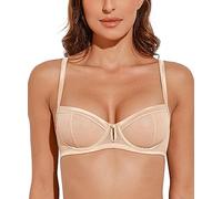 Deyllo Women's Lace Underwire Balconette Bra Sheer Unlined Demi Non Padded Bra See Through(Champagne,32F)